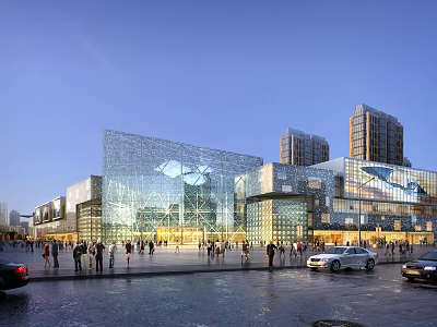 Modern Commercial Street With Glass Facade Buildings Pedestrians Vehicles And Tall Skyscrapers Under Evening Sky 3d model