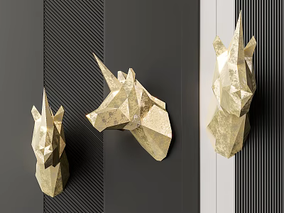 Modern Golden Geometric Unicorn Head Wall Decor on Dark Textured Wall 3d model