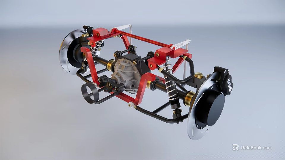 Detailed Red Frame Mechanical Chassis With Suspension System Metal Wheels Springs 3d model 
