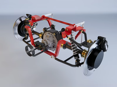 Detailed Red Frame Mechanical Chassis With Suspension System Metal Wheels Springs 3d model