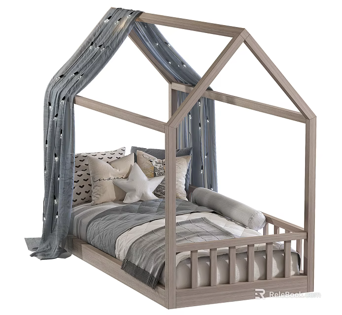 Wooden House Shaped Children's Bed with Gray Curtains Star Decorations and Pillows 3d model 