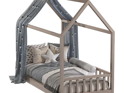 Wooden House Shaped Children's Bed with Gray Curtains Star Decorations and Pillows 3d model