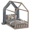 Wooden House Shaped Children's Bed with Gray Curtains Star Decorations and Pillows