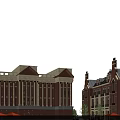 European Style Commercial Complex Featuring Clock Tower Red Brick Buildings Waterfront Reflection And Pedestrians