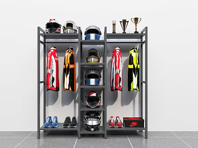 Multi Tier Storage Rack Displaying Racing Helmets Trophies Suits And Shoes 3d model