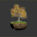 Lush Green Tree on Floating Island with Yellow Grass Stones and Blue Waterfall