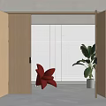 Wooden Folding Doors Open In Modern Interior With Red Chair And Green Plant