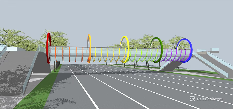 Landscape Bridge With Colorful Circular Rings Red Orange Yellow Green Blue Over Road And Trees 3d model 