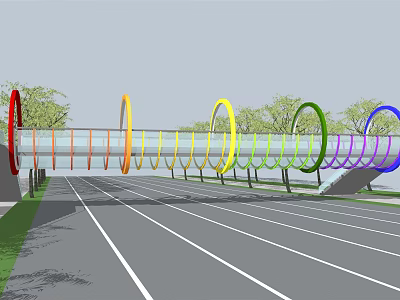 Landscape Bridge With Colorful Circular Rings Red Orange Yellow Green Blue Over Road And Trees 3d model