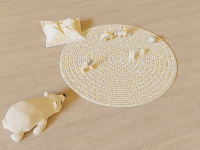 Woven Beige Round Rug with Pillow Stuffed Animal and Small Toys on Wooden Floor 3d model
