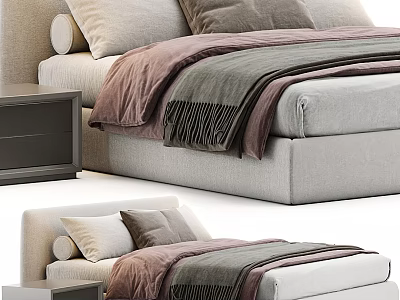 Modern Double Bed With Comfortable Mattress Soft Pillows And Side Nightstand 3d model