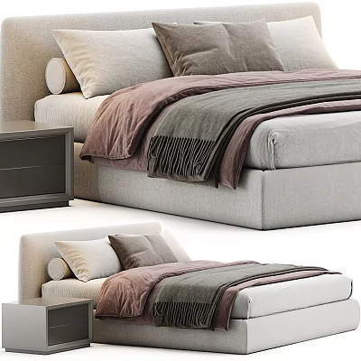 Modern Double Bed With Comfortable Mattress Soft Pillows And Side Nightstand 3d model