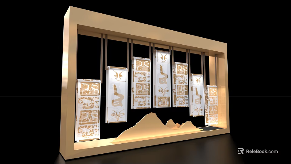Golden Frame Photo Check-in Spot With Traditional Patterned White Hanging Panels And Mountain Decoration 3d model 
