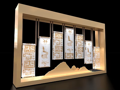 Golden Frame Photo Check-in Spot With Traditional Patterned White Hanging Panels And Mountain Decoration 3d model