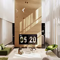 Modern Duplex Living Room Interior With Artwork Green Armchair Pendant Lights And Curtains