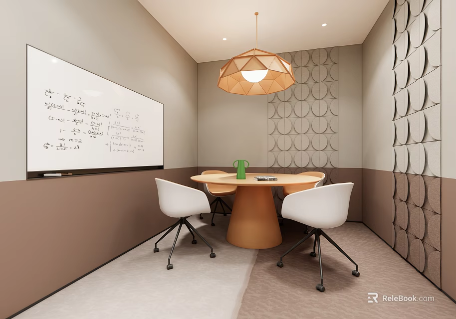 Modern Conference Room With Whiteboard Round Table Four White Chairs And Geometric Patterned Walls 3d model 