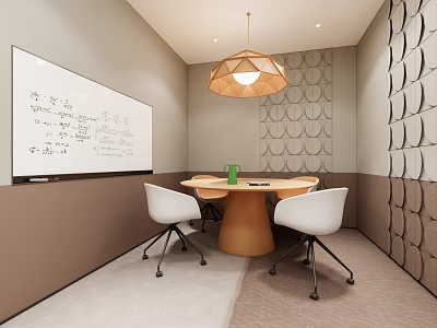 Modern Conference Room With Whiteboard Round Table Four White Chairs And Geometric Patterned Walls 3d model
