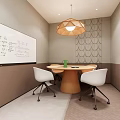 Modern Conference Room With Whiteboard Round Table Four White Chairs And Geometric Patterned Walls
