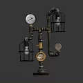 Industrial Style Decorative Device With Metal Pipes Pressure Gauges And Cage Lights