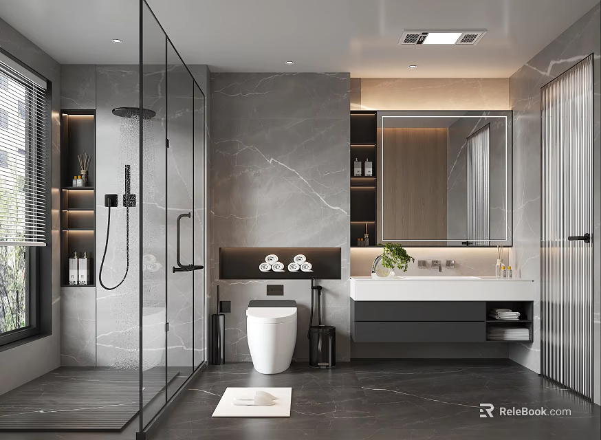 Modern Bathroom Interior Design With Gray Marble Walls Glass Shower Vanity Mirror And Toilet 3d model 