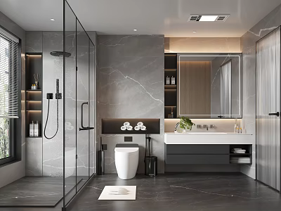 Modern Bathroom Interior Design With Gray Marble Walls Glass Shower Vanity Mirror And Toilet 3d model