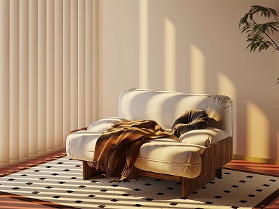 Beige Single Seater Sofa With Brown Blanket On Geometric Rug And Sunlight 3d model