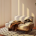 Beige Single Seater Sofa With Brown Blanket On Geometric Rug And Sunlight