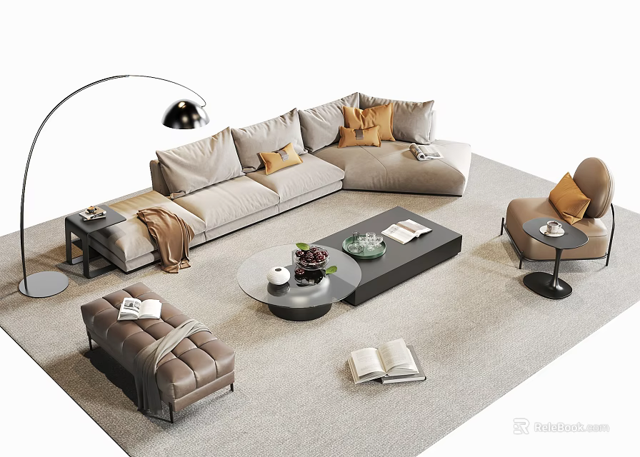 Modern Living Room Interior With L Shaped Sofa Coffee Table Accent Chair And Floor Lamp 3d model 