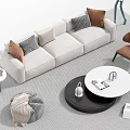 Modern Light Colored Sofa and Round Coffee Table Set with Throw Pillows Accent Chair and Side Table 3d model