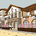 European Style Commercial Street Featuring Pedestrian Plaza Shops Pedestrians And Decorative Elements