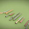 Various Decorative Knives with Diverse Blades and Handles on Green Background