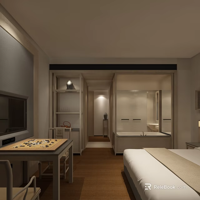Modern Hotel Room Interior Design With TV Bed Bathtub Mirror And Wooden Floor 3d model 