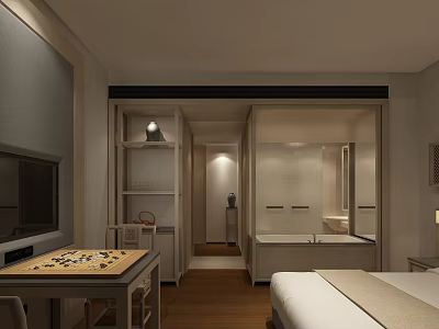Modern Hotel Room Interior Design With TV Bed Bathtub Mirror And Wooden Floor 3d model