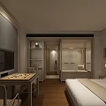 Modern Hotel Room Interior Design With TV Bed Bathtub Mirror And Wooden Floor