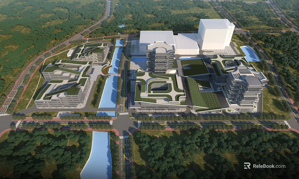 Aerial View Planning of Modern Building Complex Layout with Green Spaces Water Bodies and Roads 3d model 