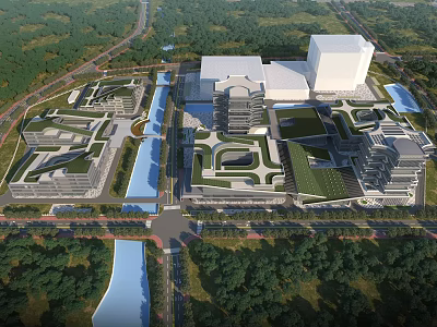 Aerial View Planning of Modern Building Complex Layout with Green Spaces Water Bodies and Roads 3d model