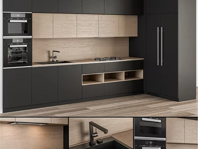 Modern Kitchen Interior With Black And Light Wood Cabinets Countertop Sink And Oven 3d model