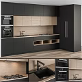 Modern Kitchen Interior With Black And Light Wood Cabinets Countertop Sink And Oven