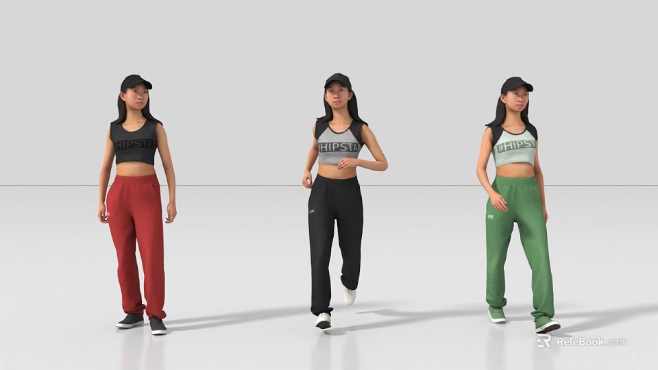 Three Women Wearing Sportswear And Caps With Red Black Green Pants 3d model 