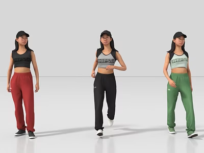 Three Women Wearing Sportswear And Caps With Red Black Green Pants 3d model