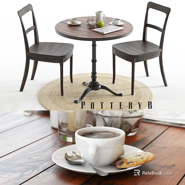 Round Wooden Table And Chairs Set With Coffee Cup Cookie And Woven Rug 3d model 