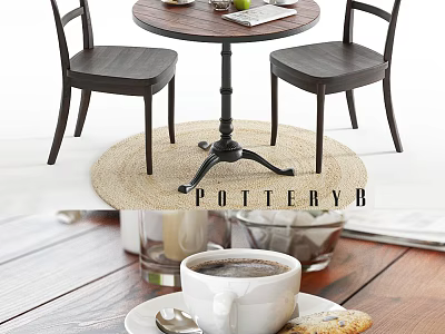 Round Wooden Table And Chairs Set With Coffee Cup Cookie And Woven Rug 3d model