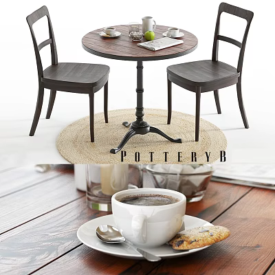 Round Wooden Table And Chairs Set With Coffee Cup Cookie And Woven Rug 3d model