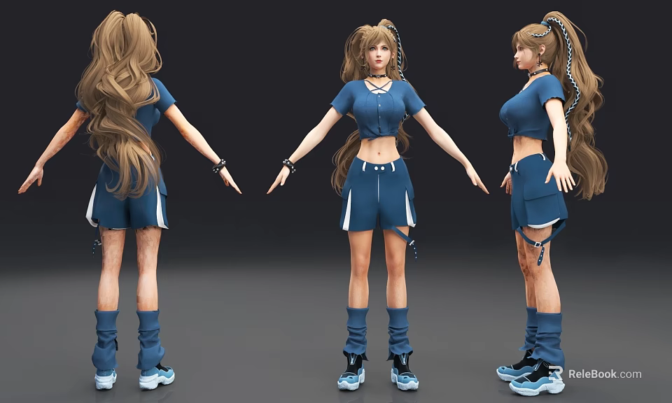 3D Rendered Woman Character With Long Hair In Blue Outfit And Different Angles 3d model 