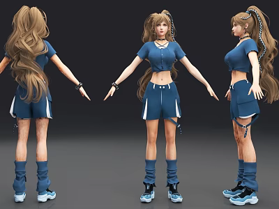 3D Rendered Woman Character With Long Hair In Blue Outfit And Different Angles 3d model