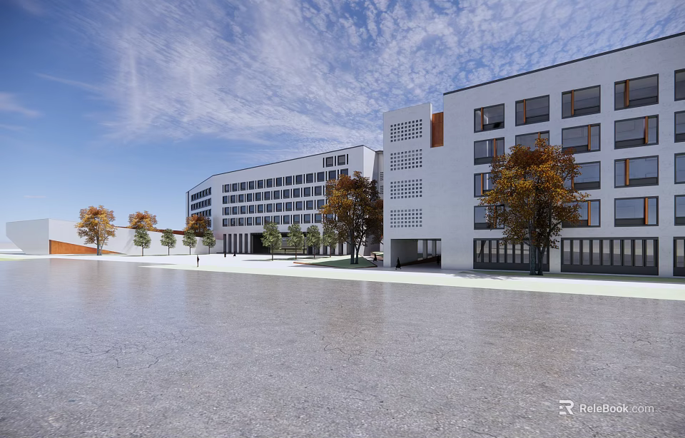 Modern School Building Featuring White Exterior Multiple Floors Large Windows And Trees In Open Square 3d model 