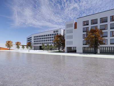 Modern School Building Featuring White Exterior Multiple Floors Large Windows And Trees In Open Square 3d model