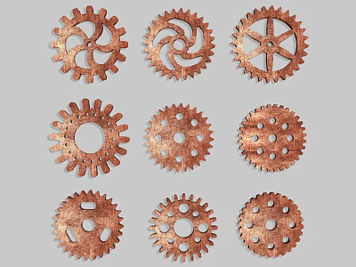 Copper Colored Hardware Tool Gears Featuring Various Designs Different Hole Patterns And Tooth Shapes 3d model