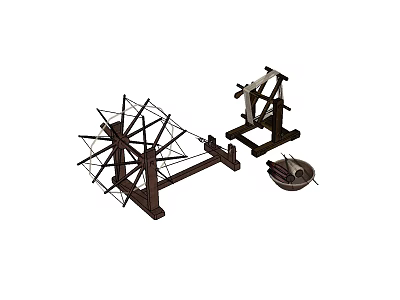 Vintage Industrial Textile Equipment With Wooden Spinning Wheel And Reel Stand 3d model