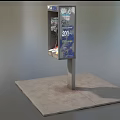Public Telephone Booth With Advertisements And Metal Pole On Concrete Platform Outdoor